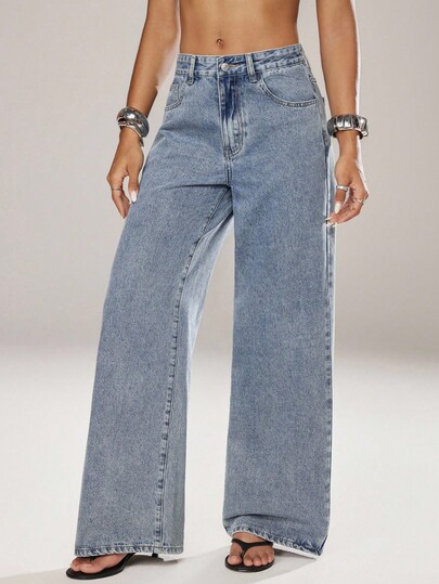 SHEIN ICON Casual Washed Loose Wide-Leg Jeans