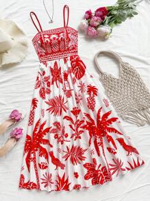 Soleia 女士蓝白热带鸟、棕榈树、花卉印花腰部收腰 A 字中长连衣裙，度假风格