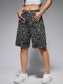 SHEIN ICON Women's Fashionable Leopard Print Denim Shorts, Summer - Multicolor - View 5