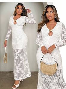Xyvia Women's Floral Jacquard Hollow Out Design Long Sleeve Slim Fit Sexy Dress Fall Cloth For Women