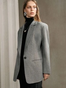 SHEIN LUNE 女士V领宽肩宽腰大衣，日常通勤长袖大衣，秋季商务休闲办公穿着 - 灰色 - 查看 5