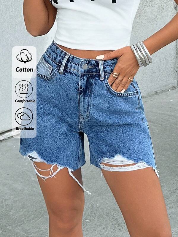 EURMUSE Women Pocket Frayed Hem Casual Versatile Denim Shorts Women S Clothes Woman S Summer Clothes Women Short Sets Women S Bottoms