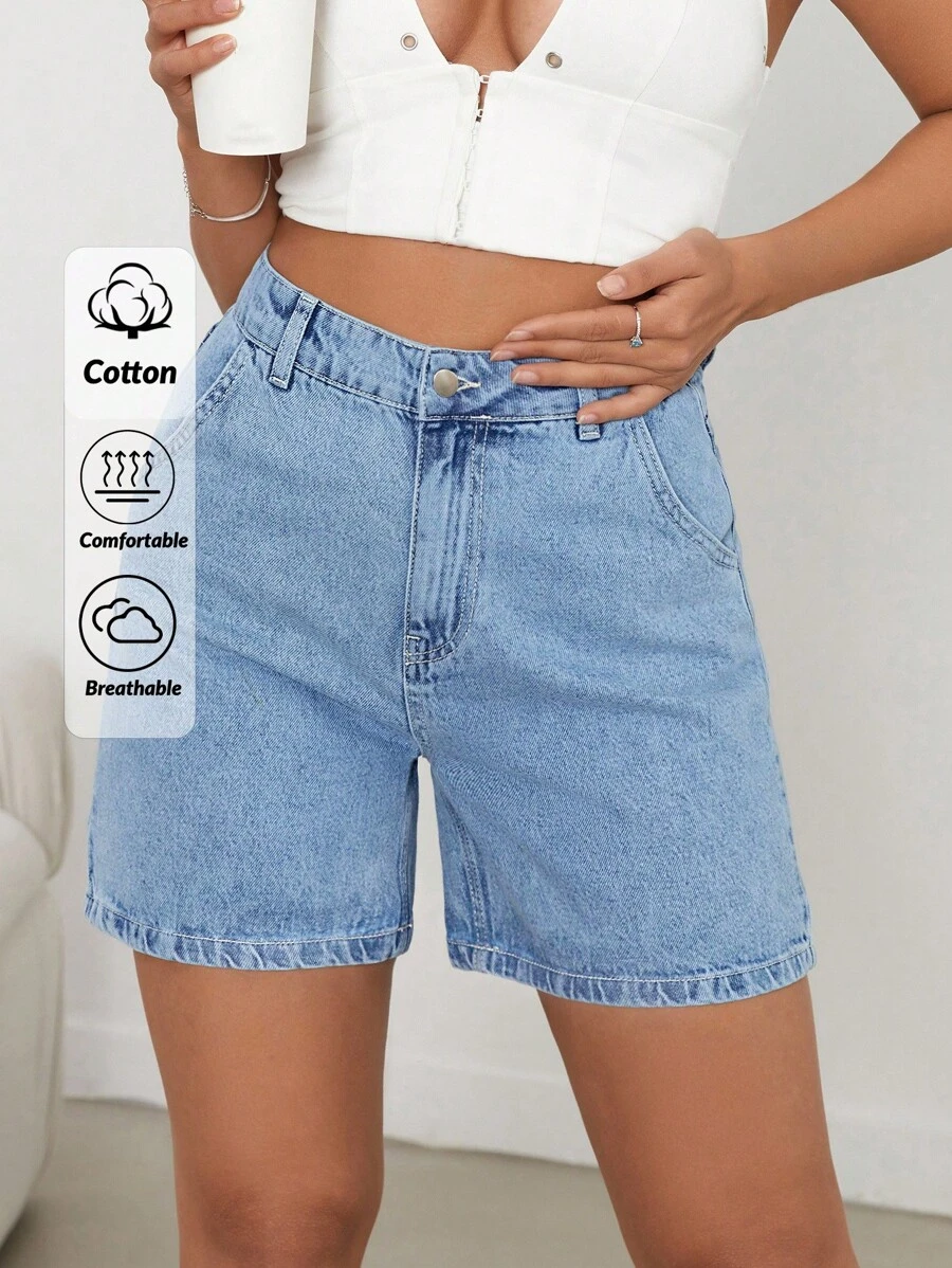 EURMUSE 100%Cotton MEDIUM WASH HIGH WAIST MID LENGTH - Medium Wash - View 1