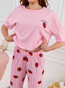 RueChic Cotton 2Pcs Heart Printed Detail Short Sleeve Shirt And Flywheel Detail Long Bottoms PJ Set - Pink - View 3