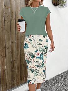 SHEIN LUNE 夏季休闲装搭配短袖衬衫和热带印花中裙女式两件套夏季两件套女裙热带裙两件套休闲套装女式女裙套装 - 彩色 - 查看 2
