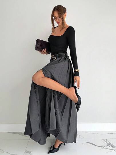 Siren Gaze Fall Women Clothes Winter Grey Pleated Skirt, 2025 New High Waist A Line Skirt With Double Belts & Side Slit Pockets, Old Money Style Long Skirt For Women, Elegant Formal Casual Work Party, Suitable For Commute/Business/Outing/Teacher/Daily, Autumn Winter Must - Have Skirt Casual Spring