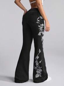 Jeanoix 女式花卉印花口袋喇叭腿休闲百搭牛仔裤 - 黑色 - 查看 2