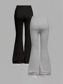 SHEIN Girlism 2件套少女休闲运动修身喇叭裤，黑色+浅灰色爱心印花，黑白撞色时尚，适合秋冬季节。 - 彩色 - 查看 2