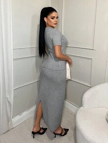 SHEIN SXY New Retro Commuting Business Personalized Metal Button Bodycon Skirt & Women Sweater Two Pieces Set, Suitable For Early Autumn,Fall - Grey - View 2