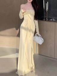 Celisse Vestido de Cauda de Sereia Ajustado de Manga Longa com Ombros de Laço e Babados, Amarelo Claro