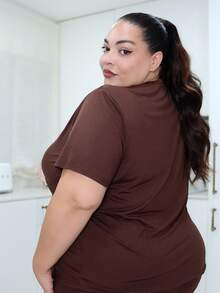 Pretty and Ole Bộ áo thun tay ngắn và quần short màu trơn thường ngày mùa hè phong cách lễ hội âm nhạc cỡ lớn cho nữ - màu nâu - Xem 4