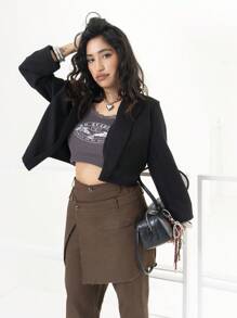 SHEIN x PRISCILA & JIMENA DAZY Conjunto de 2 piezas de falda y pantalones de unicolor con diseño de capa en la cintura, marrón moca, casual de negocios para todas las estaciones, otoño