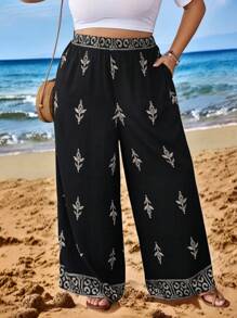 SHEIN CURVE+ Plus Size Women's Geometric Print Loose Linen Casual Pants, Breathable Summer - Black - View 7