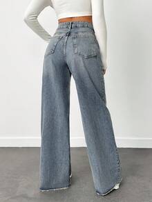 EURMUSE VINTAGE Casual WASH HIGH WAIST WIDE LEG CUT FRAYED HEM Y2K STYLE JEAN Summer Everyday Light Blue - Dusty Blue - View 2