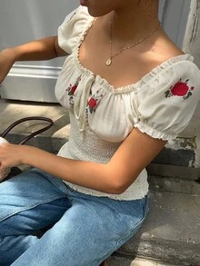 Lyxana 女式休闲度假花卉印花收腰方领泡泡袖衬衫，夏季 - 杏色 - 查看 7