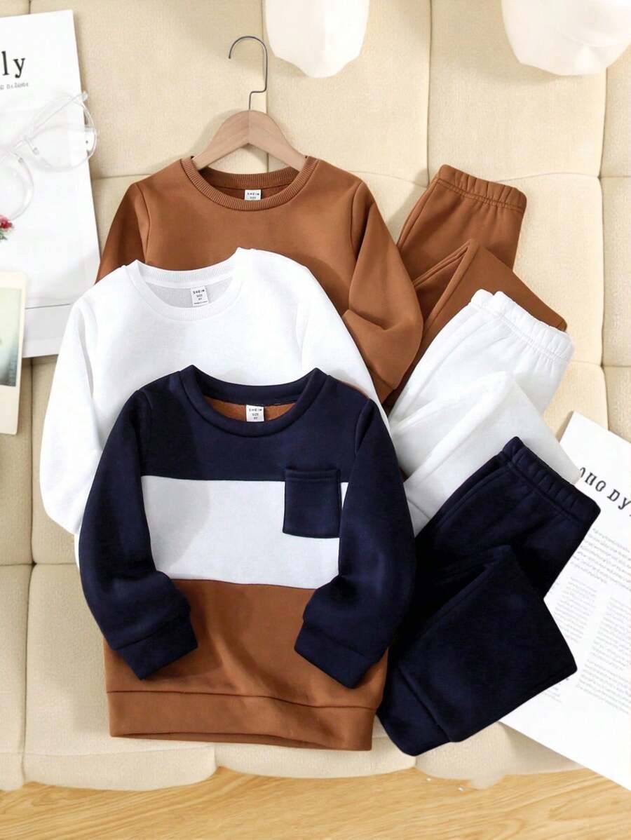 SHEIN 1 送 6 件年轻男孩休闲纯色和拼色圆领长袖运动衫和松紧腰运动裤套装，适合返校、生日、迎婴派对、节日派对、秋冬季，羊毛，加厚