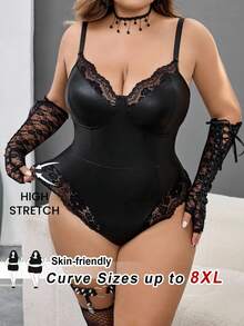 SHEIN CURVE+ Plus Size Women Punk Sexy Lace Bodysuit, Elegant Bodysuit For Halloween/Autumn /Winter - Black - View 3