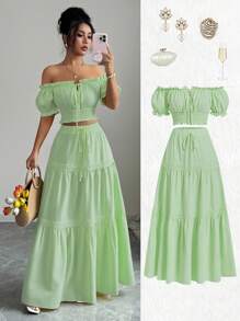Elenzga New Women's Off Shoulder Puff Sleeve Bowknot Waist A-Line Skirt Set, Vacation Casual Fashion Young Daily Versatile Flattering Elegant - Green - View 4