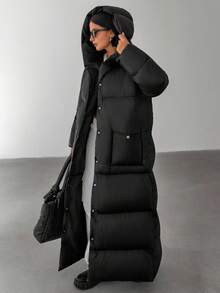 EURMUSE Women Solid Color Belted And Pocket Detailed Long Winter Coats - Black - View 1