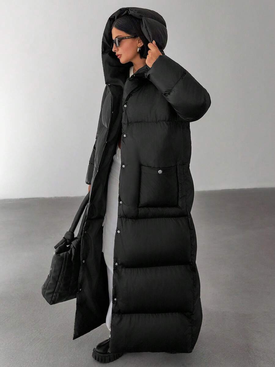 EURMUSE Women Solid Color Belted And Pocket Detailed Long Winter Coats - Black - View 1