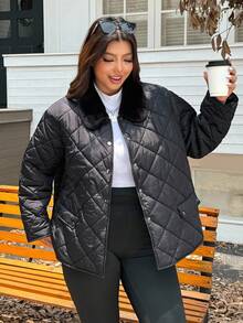 SHEIN EZwear 大码女式纯色羊毛翻领长袖休闲冬季夹克 - 黑色 - 查看 5