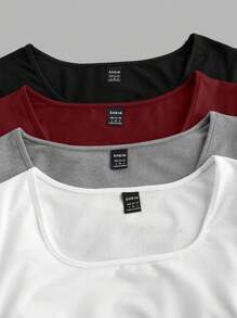 SHEIN EZwear Set de 4 camisetas de manga corta de cuello redondo de unicolor minimalista casual en negro, burdeos, gris y blanco, adecuadas para primavera/verano