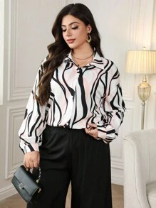 SHEIN Clasi 2pcs/Set Plus Size Casual All-Over Print Drop Shoulder Lantern Sleeve Shirt And Wide Leg Pants, Business Casual Women Outfit, Abstract Print Long-Sleeve Shirt & Wide-Leg Pants Set, Everyday Wear, Business Casual Wear