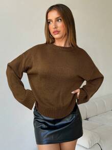 Aloruh Women's Casual Versatile Solid Color V-Neck Loose Knit Sweater In Fall/Winter,Brown Sweater - Brown - View 5