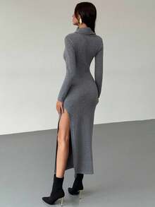 Aloruh Vestido de suéter de punto con cuello alto, manga larga, ajustado y con abertura alta, minimalista, versátil para capas, apto para otoño/invierno - Gris Oscuro - Ver 3