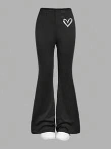 SHEIN Girlism 2件套少女休闲运动修身喇叭裤，黑色+浅灰色爱心印花，黑白撞色时尚，适合秋冬季节。 - 彩色 - 查看 7