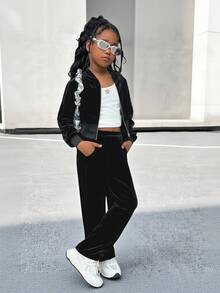 Tween Girl Velvet Rhinestone Hoodie & Fitted Pants 2pcs Suit Set, Fashion Casual Outfit For Halloween, Christmas Party, Weekends, Casual Outing Fall Winter - Black - View 9