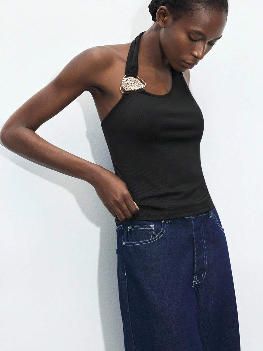 Maija Top de mujer de color liso, estilo sencillo y de moda, adecuado para el verano - Negro - Ver 1