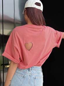 DAZY Heart Cut Out Drop Shoulder Tee - Pink - View 9