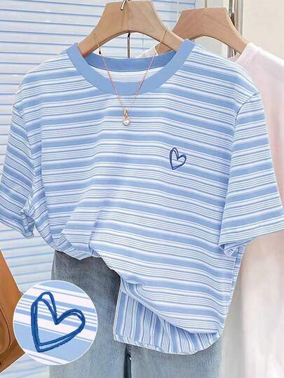 SHEIN Colorful Striped Digital Print & Heart Embroidery Plus Size Women T-Shirt