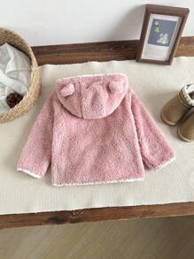 SHEIN Baby Girl Hooded Plush Jacket With 3D Ear Design, Long Sleeve Fall Winter - Purple - View 2