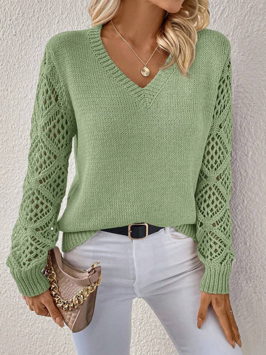EMERY ROSE Casual Solid Color Hollow-Out Knit Patchwork Sweater In Fall/Winter