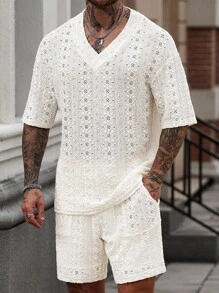 Manfinity CasualCool 男士针织纹理图案白色T恤套装 - 白色 - 查看 6