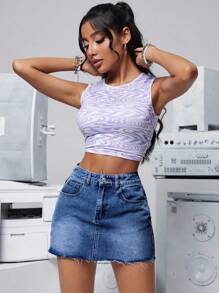 SHEIN PETITE 女式休闲牛仔迷你裙，带口袋和磨损下摆 - 藍色 - 查看 3