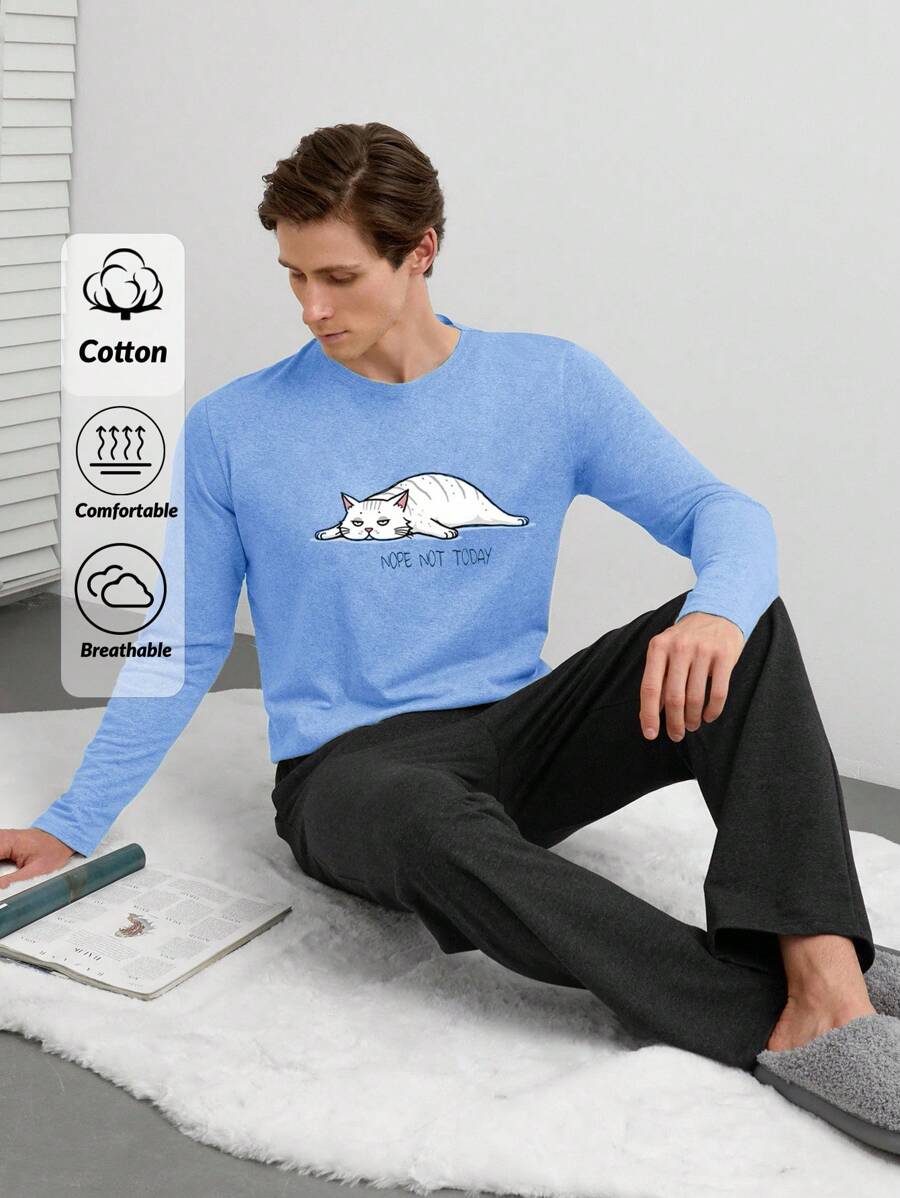 RueChic Men Cat Printed Long Sleeve Regular Homewear Set - Blue - View 1