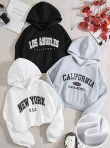 SHEIN 3 件套青少年女孩休闲字母印花针织连帽短款宽松运动衫套头衫，黑/白/灰，买 1 送 2