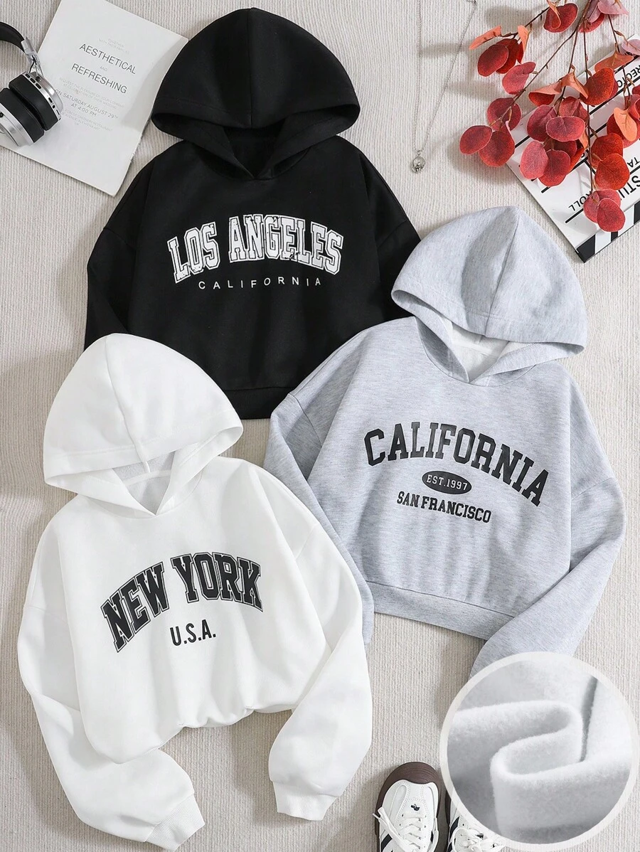 SHEIN 3 件套青少年女孩休闲字母印花针织连帽短款宽松运动衫套头衫，黑/白/灰，买 1 送 2