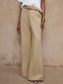 Lumalex VITNOS 秋冬新款高端优雅女装优雅卡其色舒适百搭金属装饰腰带设计宽松喇叭腿裤，配有腰带秋季商务休闲女士适合音乐会、约会、婚礼、派对、生日、夜间外出