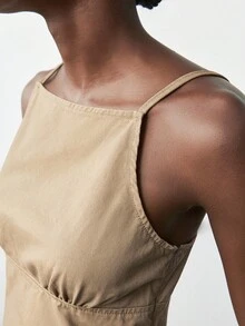 Maija 女式卡其色无袖吊带设计性感露背牛仔上衣 - 棕色 - 查看 6