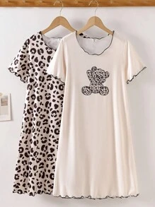 2pcs Tween Girl Round Neck Short Sleeve Leopard Print Nightgown Loungewear