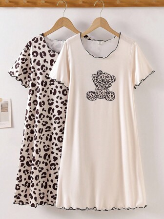 2pcs Tween Girl Round Neck Short Sleeve Leopard Print Nightgown Loungewear