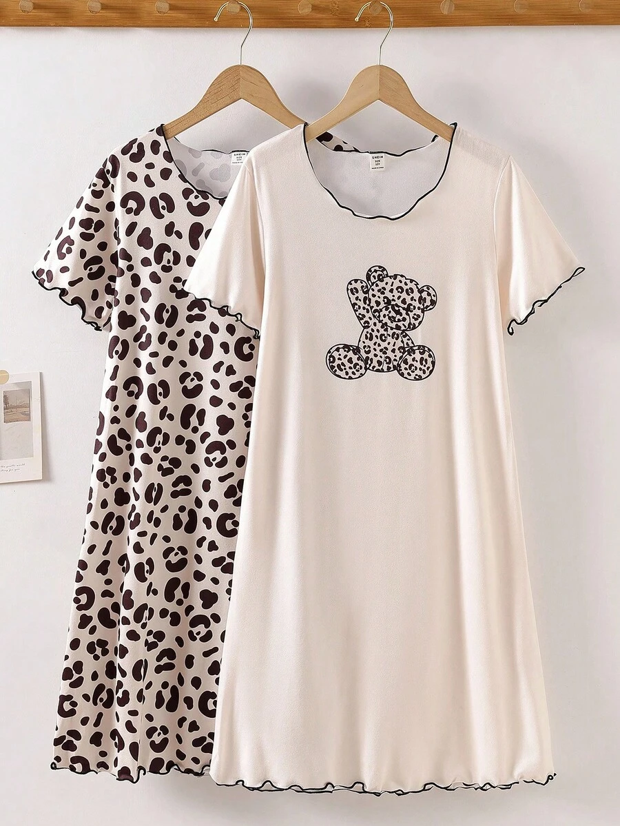 2pcs Tween Girl Round Neck Short Sleeve Leopard Print Nightgown Loungewear
