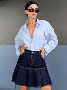 EURMUSE High Waist Pleated Hem Denim Skirt - Blue - View 5