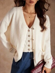 Rafferiza French Elegant Gold Button V-Neck Long Sleeve Cardigan And Vest Set,Cream White 2 Pieces Knit Sweater Jacket For Women,Autumn Casual Brunch Outfits - Apricot - View 6