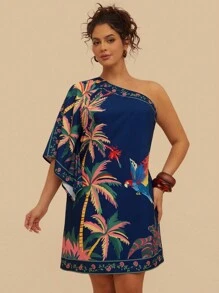 Travachic Váy ngắn in họa tiết cây nhiệt đới vai lệch cỡ lớn, màu xanh navy, phù hợp cho mùa hè và mùa thu - Màu xanh hải quân - Xem 3