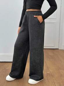 Sparklyn Tween Girls' Casual All-Match Versatile Street Pocket Loose Wide Leg Elastic Waist Washed Snow Fleece Sweatpants Fall Winter - Black - View 3